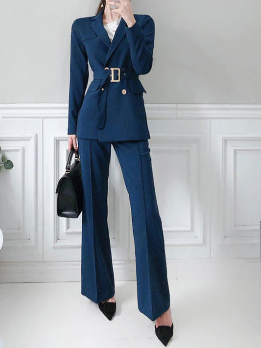 Formal Style Double Breasted Blazer With Wide Leg Pants Suit Set