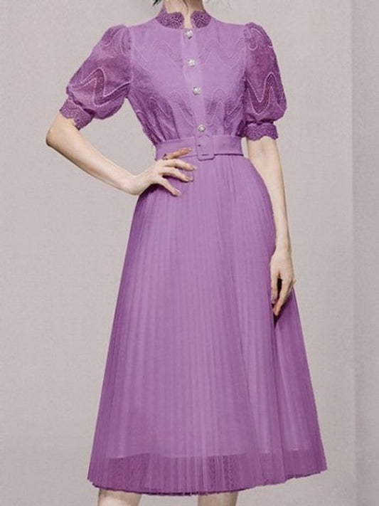 Gorgeous Solid Puff Sleeve Pleated Purple Dress