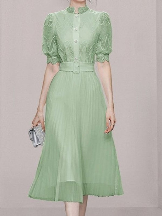 Gorgeous Solid Puff Sleeve Pleated Green Dress
