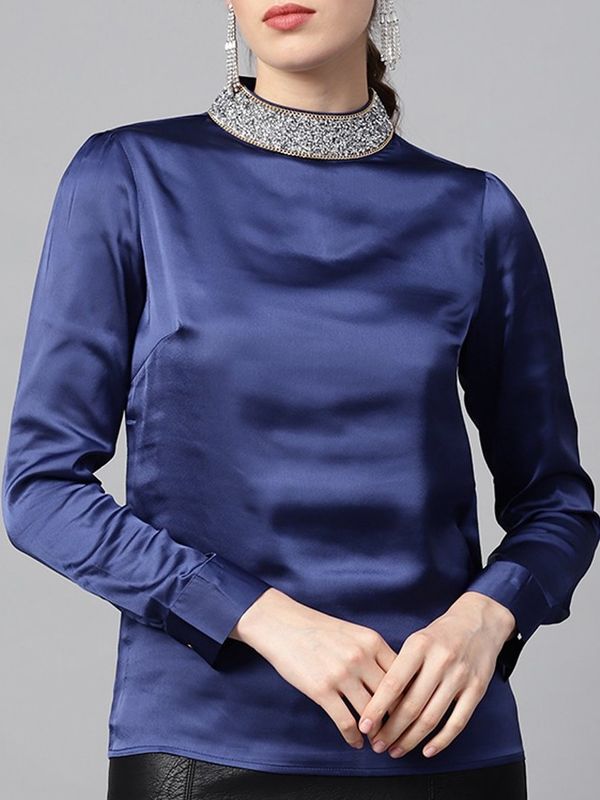 Party Style Blue Blingy Neck Top - Ships in 24 Hrs