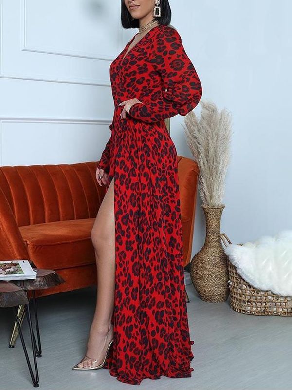 Sexy V Neck Leopard Print Long Sleeve Maxi Dress
