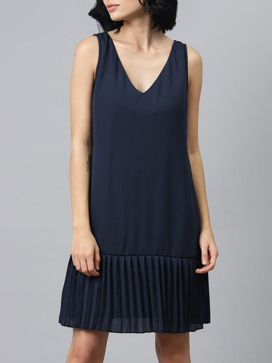 Simple Navy Blue Pleated Frill Hem Dress - Ships in 24 Hrs