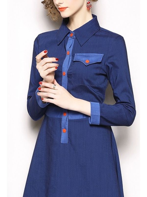 Subtle Contrast Button Style Single-breasted Turndown Collar A Line Dress - Ships in 24 hrs