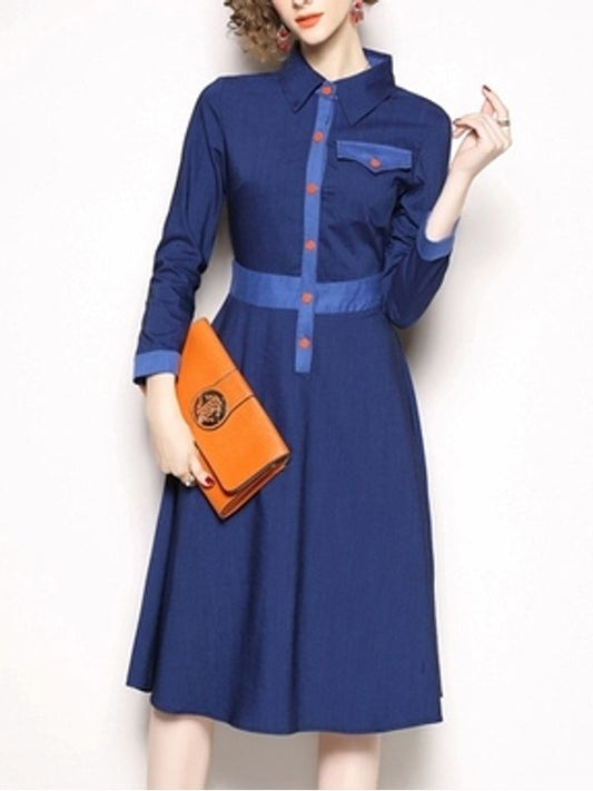 Subtle Contrast Button Style Single-breasted Turndown Collar A Line Dress - Ships in 24 hrs