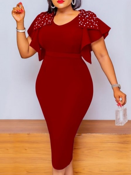 Beautiful Pearl Decor Ruffled Sleeve Red Dress