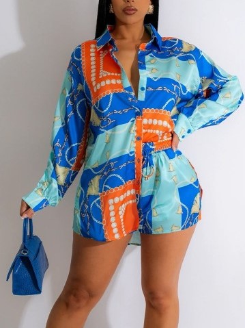 Bright Long Sleeve Shirt With Shorts Blue Set