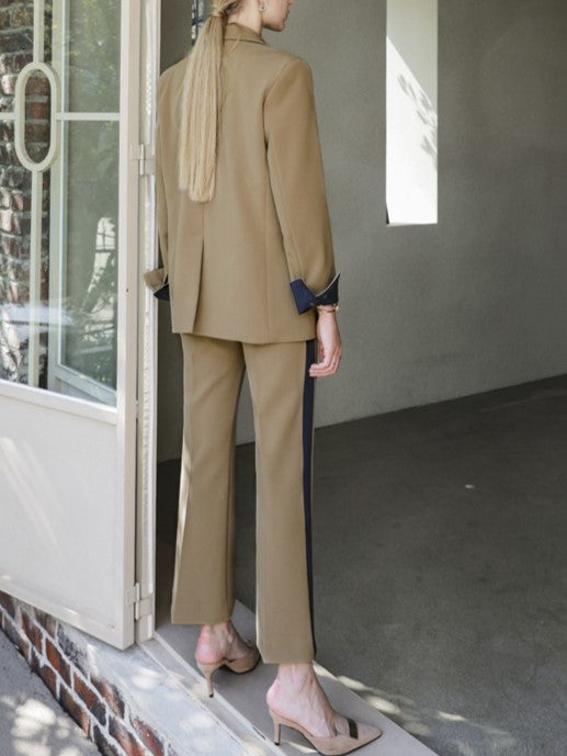 Business Style Color Block Blazer And Pants Khaki Suit Set