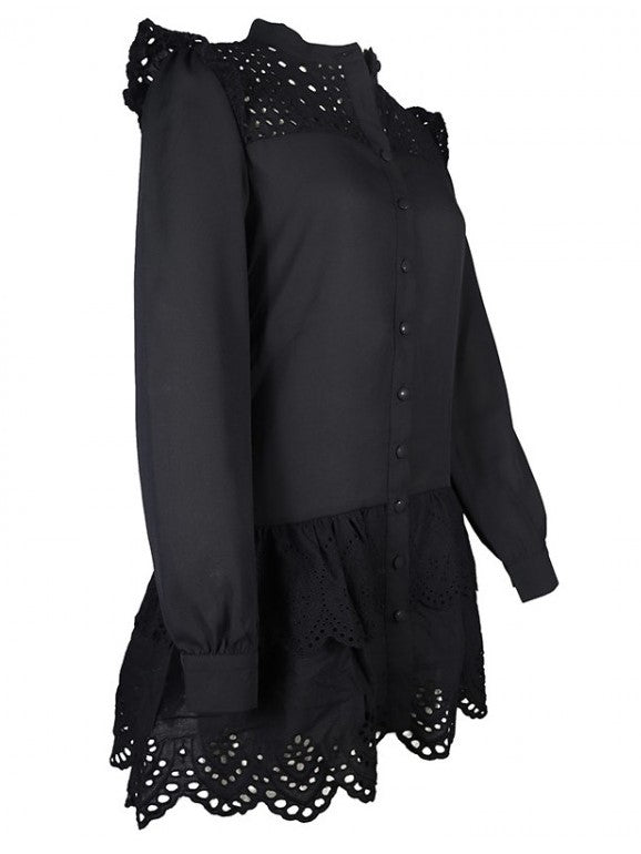 Casual Button Up Stand Collar Long Sleeve Black Shirt Dress