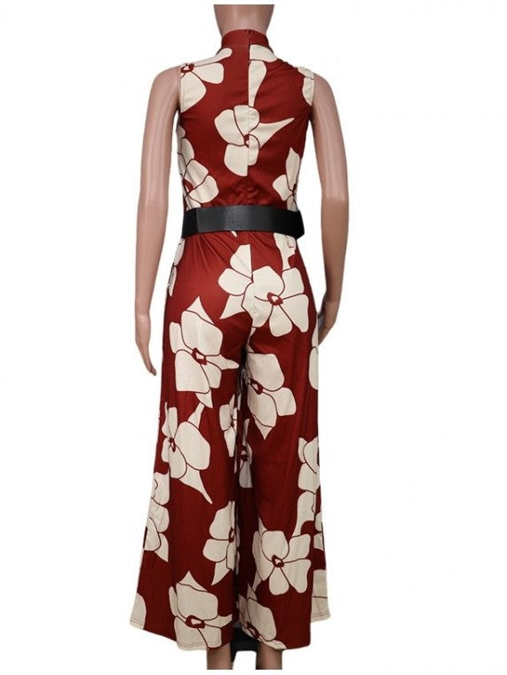 Casual Flower Print Sleeveless Red Jumpsuit