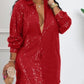 Casual Loose Fit Long Sleeve Sequined Red Short Dress