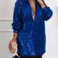 Casual Loose Fit Long Sleeve Sequined Blue Short Dress