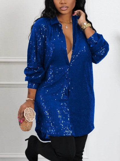 Casual Loose Fit Long Sleeve Sequined Blue Short Dress