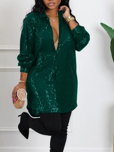 Casual Loose Fit Long Sleeve Sequined Green Short Dress