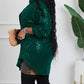 Casual Loose Fit Long Sleeve Sequined Green Short Dress