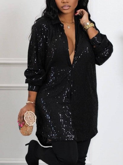 Casual Loose Fit Long Sleeve Sequined Black Short Dress