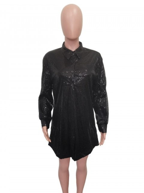 Casual Loose Fit Long Sleeve Sequined Black Short Dress