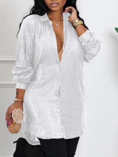 Casual Loose Fit Long Sleeve Sequined White Short Dress