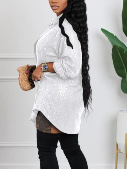 Casual Loose Fit Long Sleeve Sequined White Short Dress