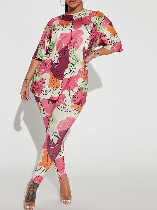 Casual Printed Tee And Trousers Pink Set