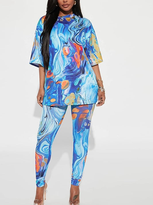 Casual Printed Tee And Trousers Blue Set