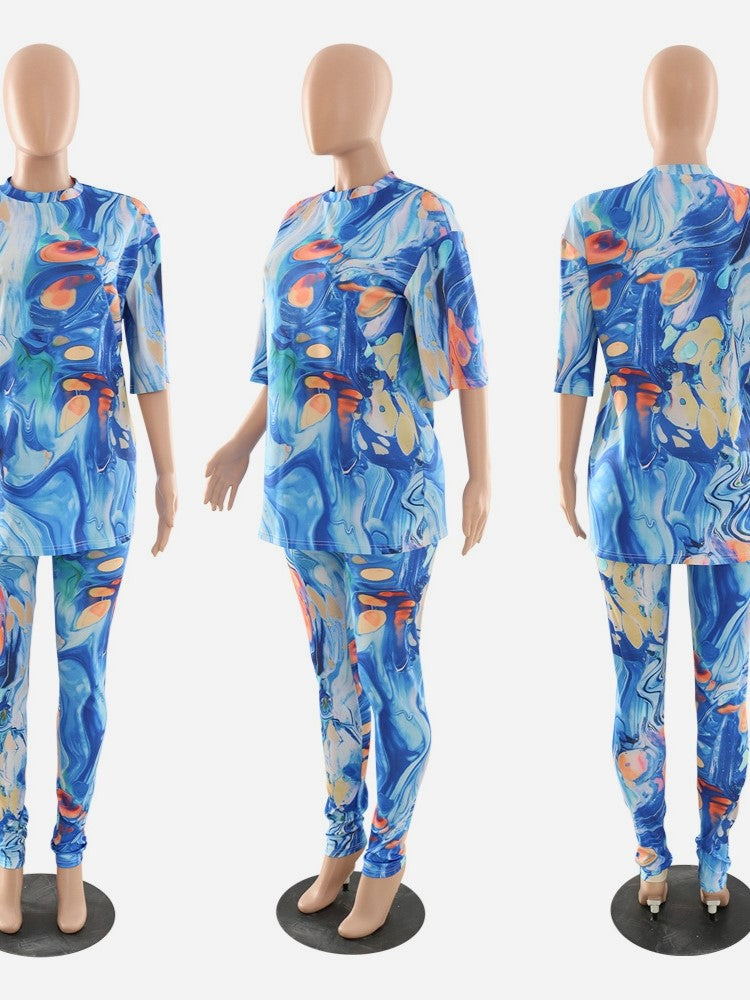 Casual Printed Tee And Trousers Blue Set