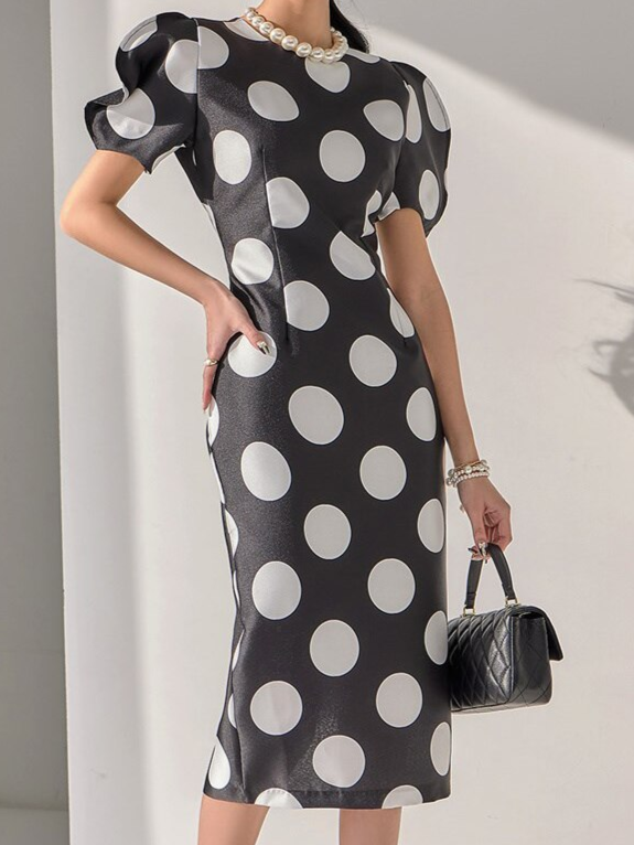 Chic Dot Print Lantern Sleeve Slim Bodycon Black Dress