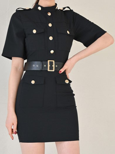 Classic Button Decor Bodycon Black Mini Dress