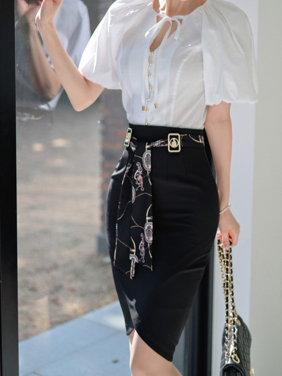 Classy Puff Sleeve Top With Black Skirt Set