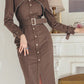 Corporate Fashion Striped Single Breasted Brown Bodycon Pencil Dress