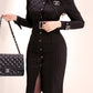 Corporate Fashion Striped Single Breasted Black Bodycon Pencil Dress