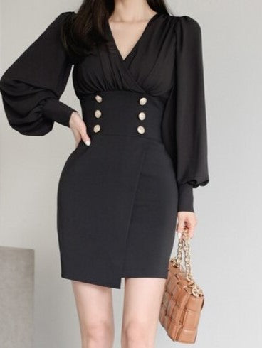 Elegant Fashion Button Decor Pencil Black Bodycon Dress
