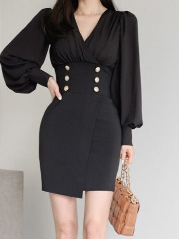 Elegant Fashion Button Decor Pencil Black Bodycon Dress - Ships in 24 Hrs
