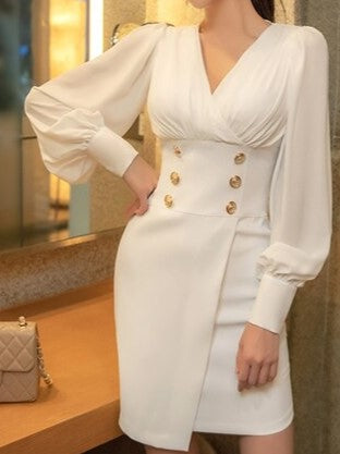 Elegant Fashion Button Decor Pencil White Bodycon Dress