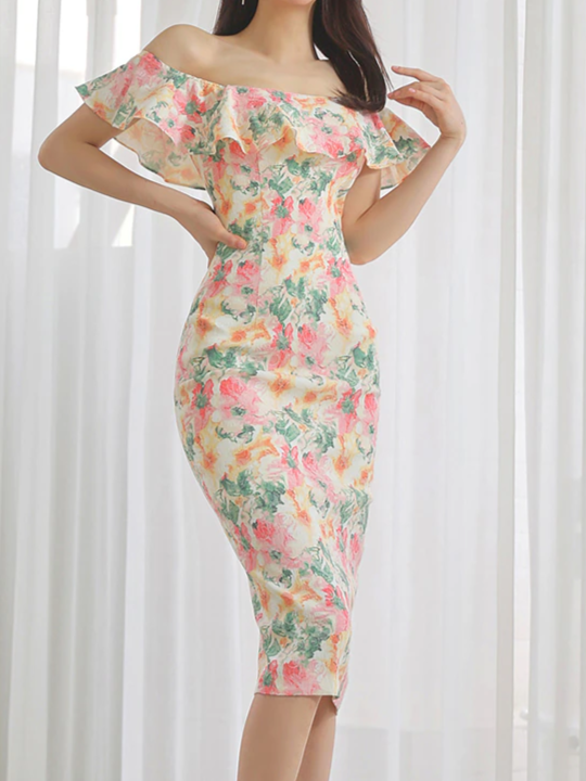 Elegant Summer Fashion Floral Print Pink Dress