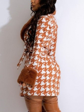 Exclusive Houndstooth Print Long Sleeve Brown Short Dress