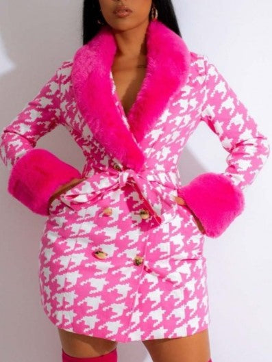 Exclusive Houndstooth Print Long Sleeve Pink Short Dress