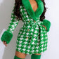 Exclusive Houndstooth Print Long Sleeve Green Short Dress