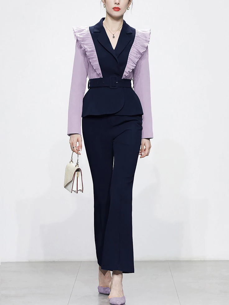 Exquisite Contrast Blazer With Simple Pants Purple Suit Set