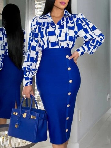 Fashionable Printed Shirt With Blue Skirt Set - Ships in 24 Hrs