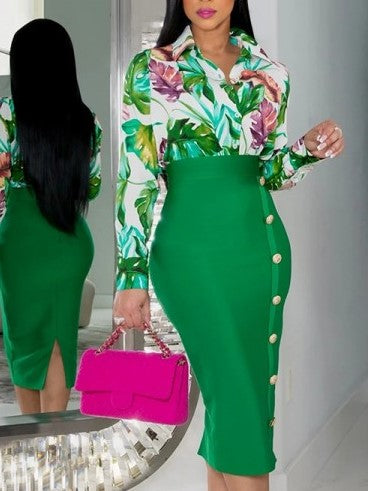 Fashionable Printed Shirt With Green Skirt Set