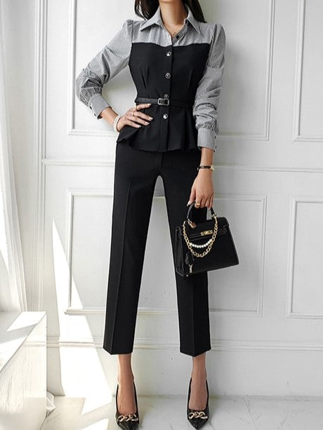 Formal Style Splicing Shirt With Pants Suit Set
