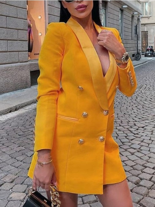 Modern Solid Long Sleeve Yellow Blazer Coat