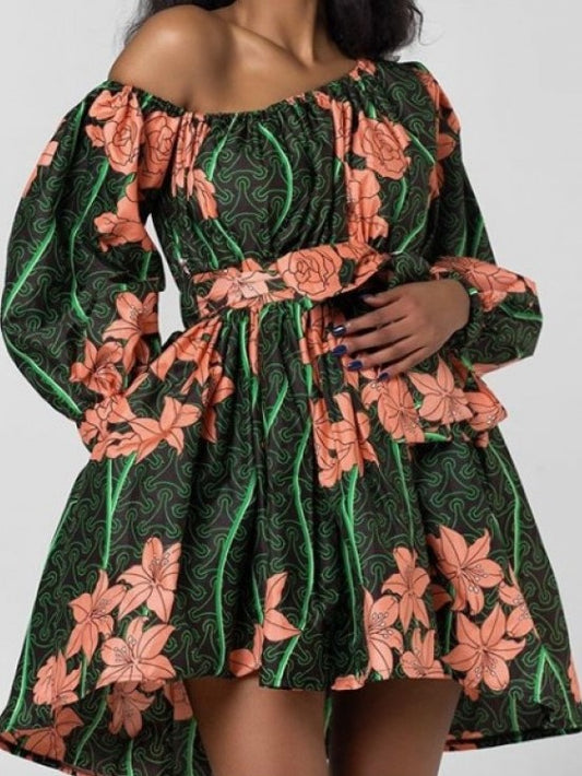 New Arrival Inclined Shoulder Printed Green Plus Dress