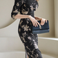 New Arrival Knee Length Printed Black Pencil Dress