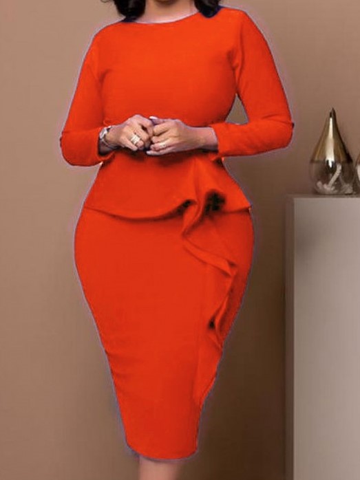 New Arrival Solid Long Sleeve Ruffle Orange Dress - Formal Wear