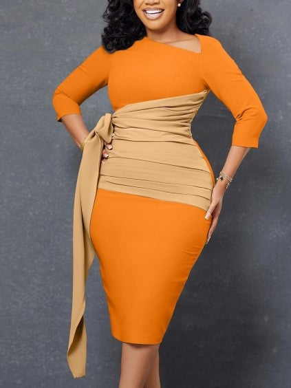 Pretty Long Sleeve Patchwork Orange Dress