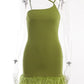 Sexy Backless Feather Decor Green Mini Dress