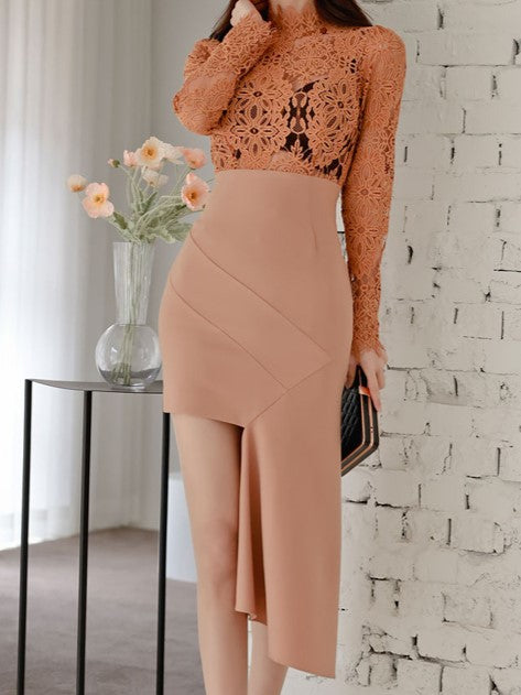 Sexy Lace Panel Sheath Orange Pencil Dress- Ships in 24 Hrs