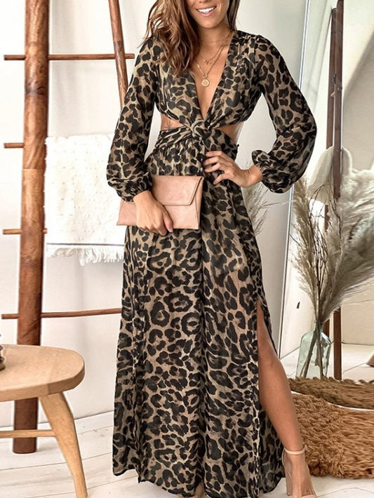 Sexy Leopard Print Hollow Out Brown Long Dress