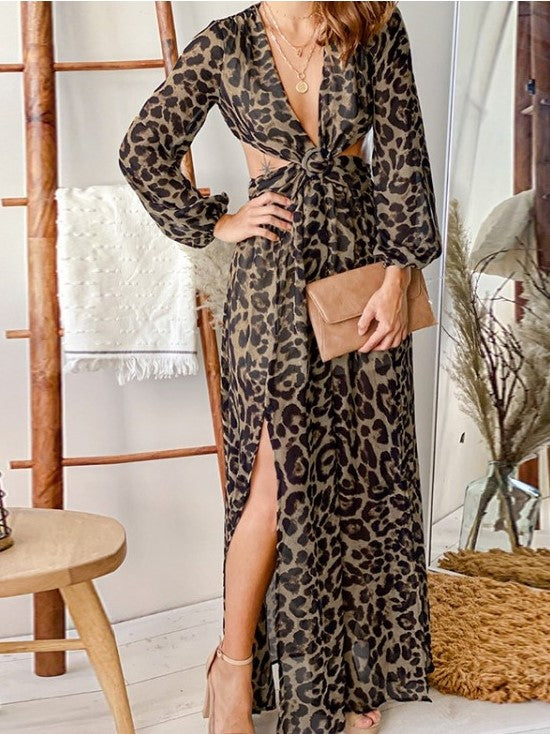 Sexy Leopard Print Hollow Out Brown Long Dress